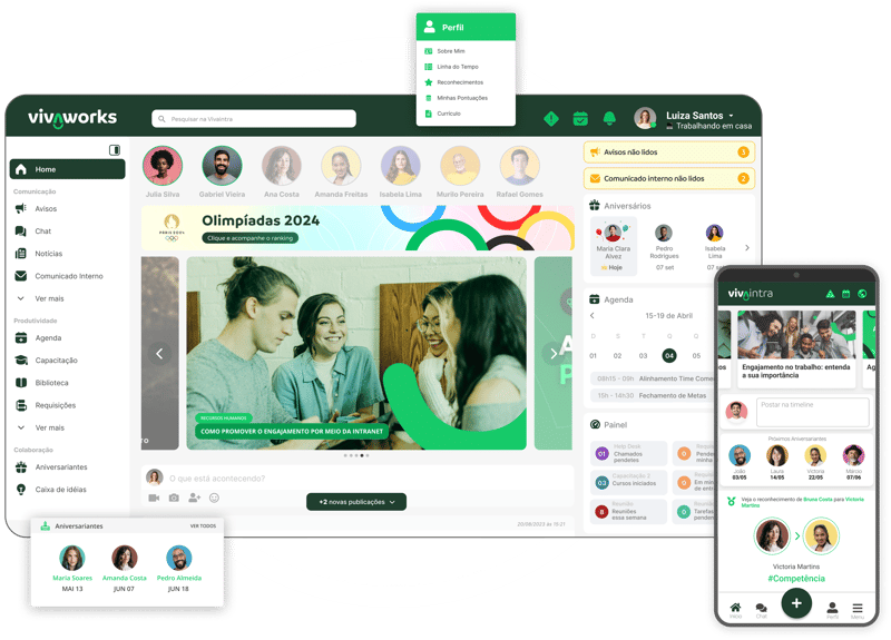 Tela inicial de intranet corporativa moderna com feed de notícias, rede social interna e acesso centralizado a ferramentas de RH.