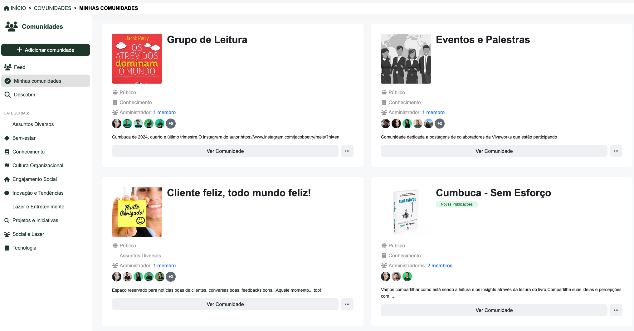 Imagem com um print da tela da lista de comunidades com 4 comunidades de exemplo